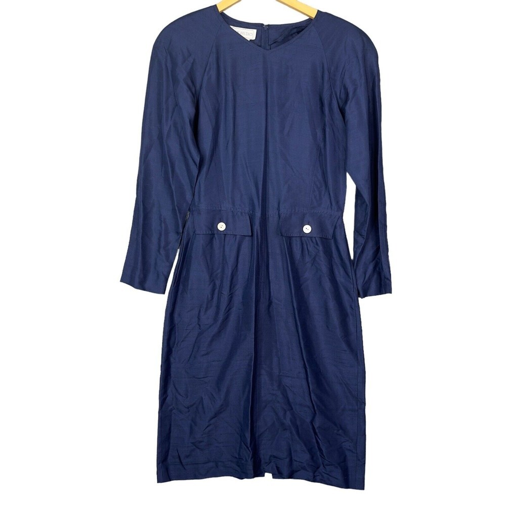 VTG Silk Studio Midi Sheath Dress Womens‎ Navy Blue Sz10 100% Silk Long Sleeve